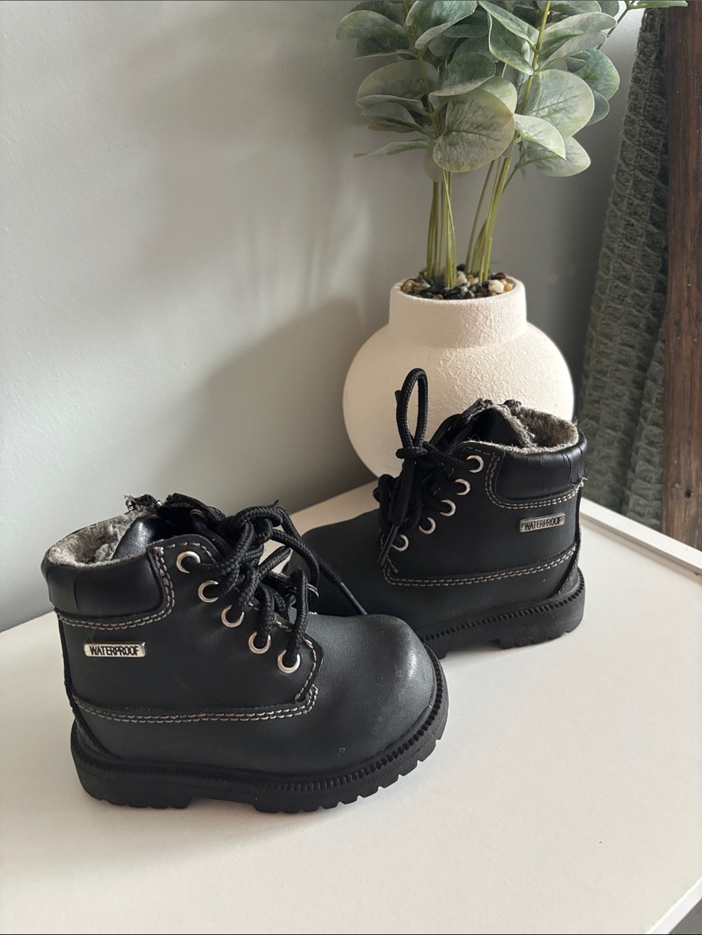 Smart Fit Black Kids Waterproof Lace-Up Boots with Faux-Fur Lining